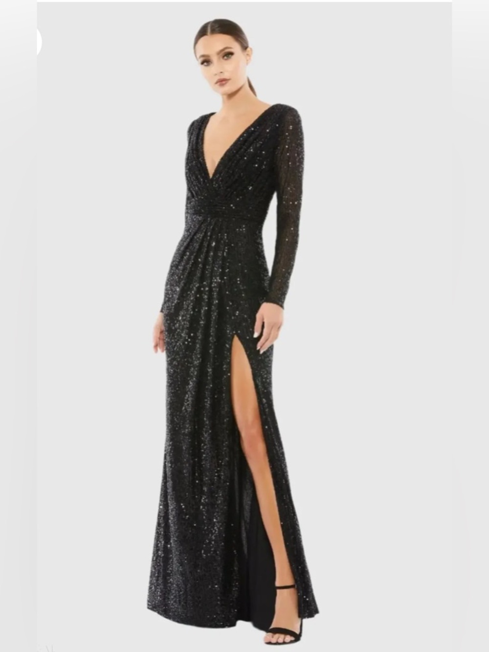 Long Sleeve Black Sequin V-Neck Evening Gown
